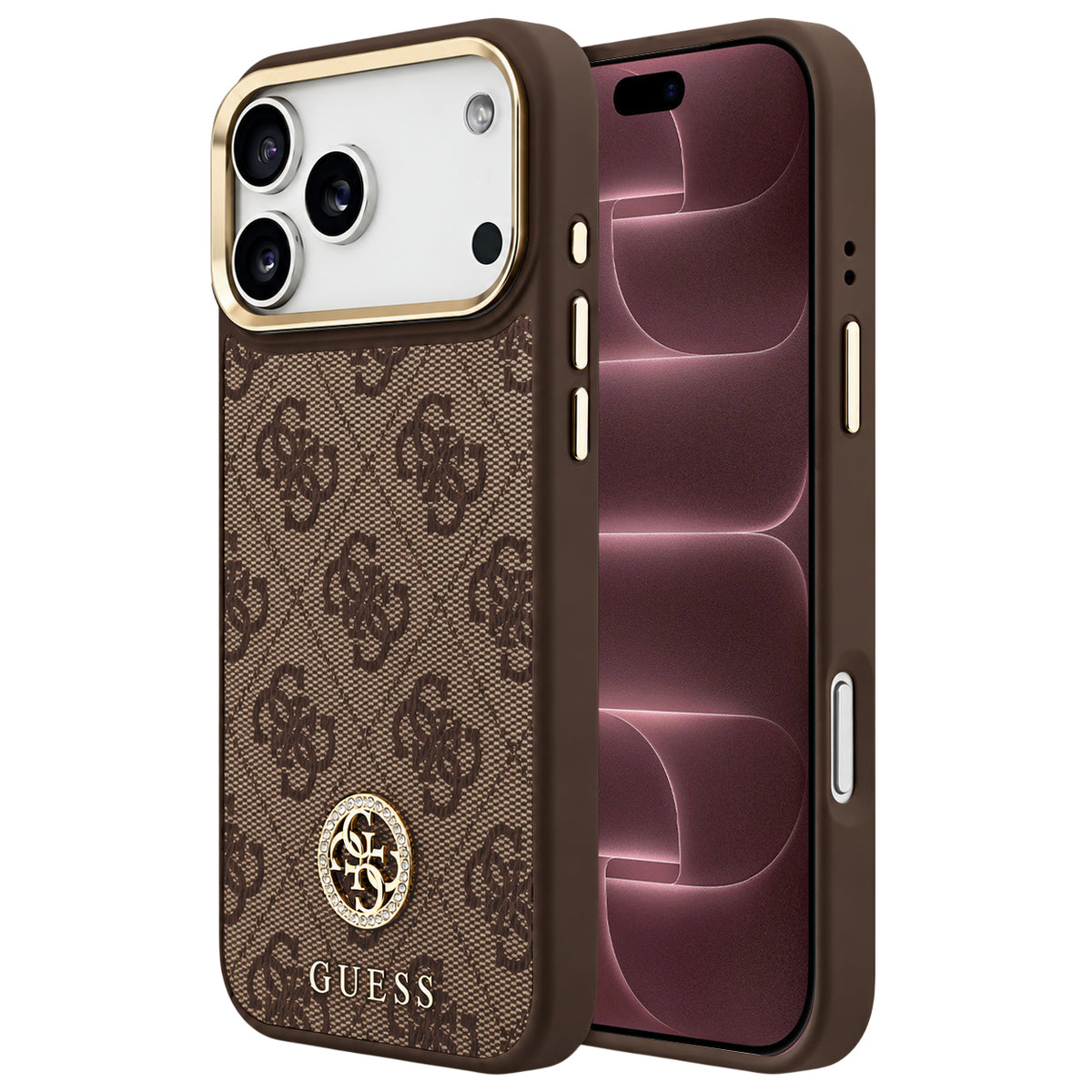 Pouzdro MagSafe pro Apple iPhone 18 Pro Max / 17 Pro Max, Guess, 4G Strass Logo, hnědé