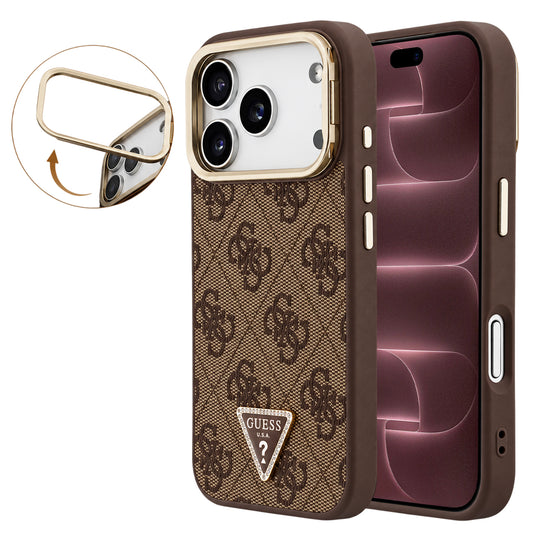 Pouzdro MagSafe pro Apple iPhone 18 Pro Max / 17 Pro Max, Guess, 4G Triangle Logo & Stand Camera, hnědé