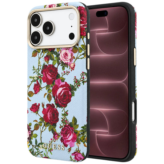 Pouzdro MagSafe pro Apple iPhone 18 Pro Max / 17 Pro Max, Guess, Blossom Roses Print, modré