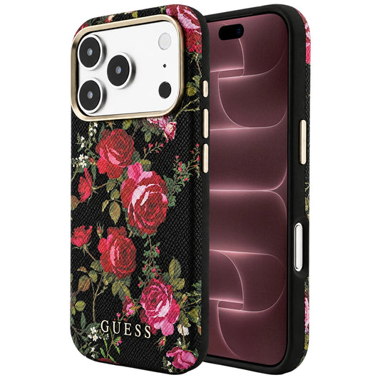 Pouzdro MagSafe pro Apple iPhone 18 Pro Max / 17 Pro Max, Guess, Blossom Roses Print, černé