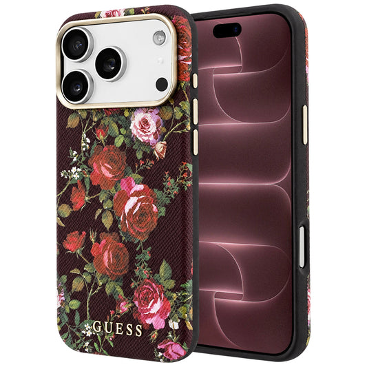 Pouzdro MagSafe pro Apple iPhone 18 Pro Max / 17 Pro Max, Guess, Blossom Roses Print, vínové