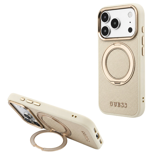MagSafe pouzdro pro Apple iPhone 18 Pro Max / 17 Pro Max, Guess, Grained Ring Stand 360 Classic, Béžová