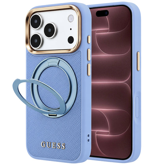 Pouzdro MagSafe pro Apple iPhone 18 Pro Max / 17 Pro Max, Guess, Grained Ring Stand 360 Classic, modré