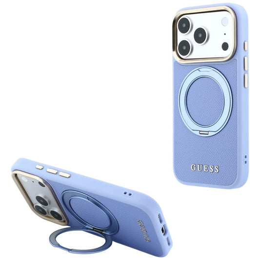 Pouzdro MagSafe pro Apple iPhone 18 Pro Max / 17 Pro Max, Guess, Grained Ring Stand 360 Classic, modré