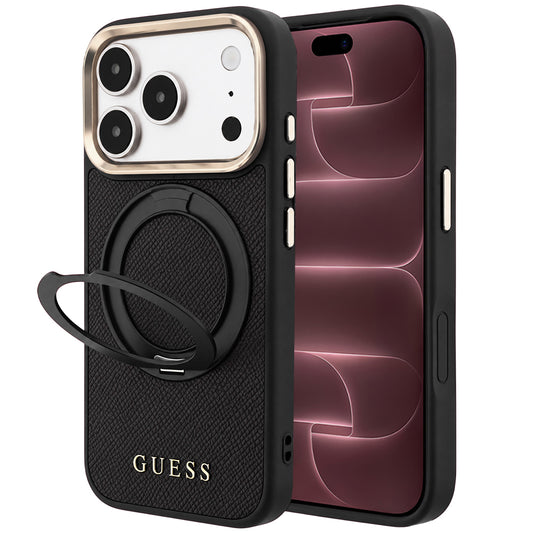 Pouzdro MagSafe pro Apple iPhone 18 Pro Max / 17 Pro Max, Guess, Grained Ring Stand 360 Classic, černé