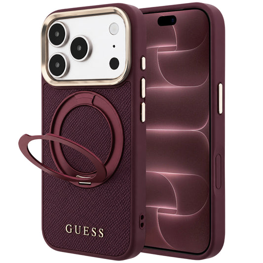 MagSafe pouzdro pro Apple iPhone 18 Pro Max / 17 Pro Max, Guess, Grained Ring Stand 360 Classic, Bordó