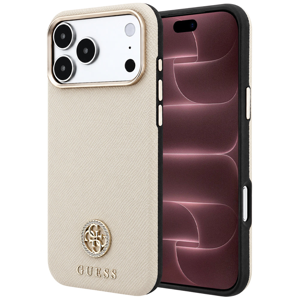 MagSafe pouzdro pro Apple iPhone 18 Pro Max / 17 Pro Max, Guess, Zrnitý kulatý logo s kamínky, Béžová