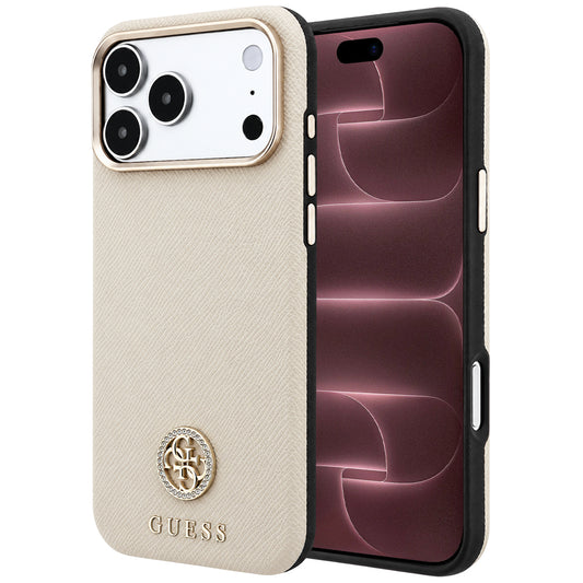 MagSafe pouzdro pro Apple iPhone 18 Pro Max / 17 Pro Max, Guess, Zrnitý kulatý logo s kamínky, Béžová