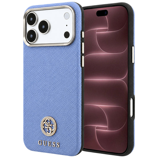 MagSafe pouzdro pro Apple iPhone 18 Pro Max / 17 Pro Max, Guess, Zrnité kulaté logo s kamínky, modré
