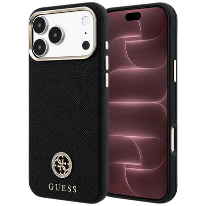 MagSafe pouzdro pro Apple iPhone 18 Pro Max / 17 Pro Max, Guess, Zrnité kulaté logo s kamínky, černé