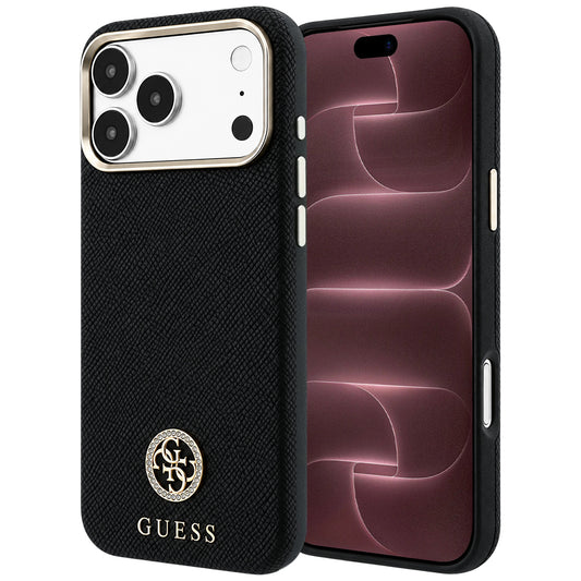 MagSafe pouzdro pro Apple iPhone 18 Pro Max / 17 Pro Max, Guess, Zrnité kulaté logo s kamínky, černé