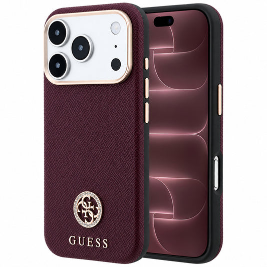 MagSafe pouzdro pro Apple iPhone 18 Pro Max / 17 Pro Max, Guess, Zrnité kulaté logo s kamínky, Tmavě červená