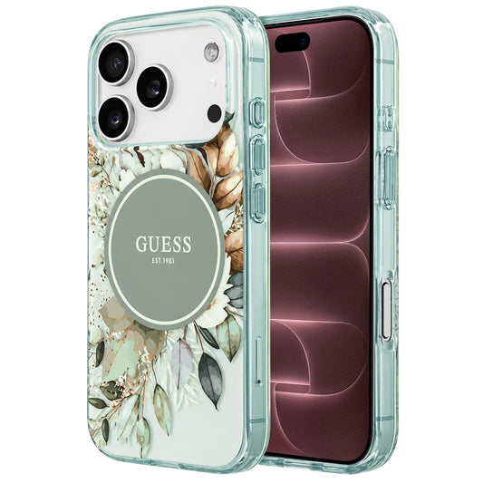 Pouzdro MagSafe pro Apple iPhone 18 Pro Max / 17 Pro Max, Guess, IML Flower & Tonal Circle, zelené