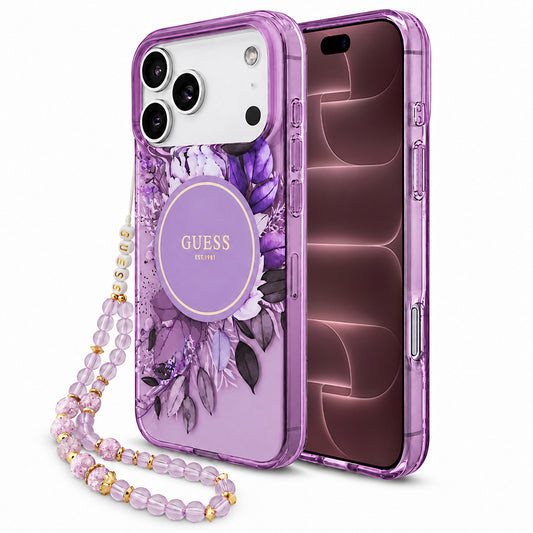 Pouzdro MagSafe pro Apple iPhone 18 Pro Max / 17 Pro Max, Guess, IML Flowers with Pearl Strap, fialové