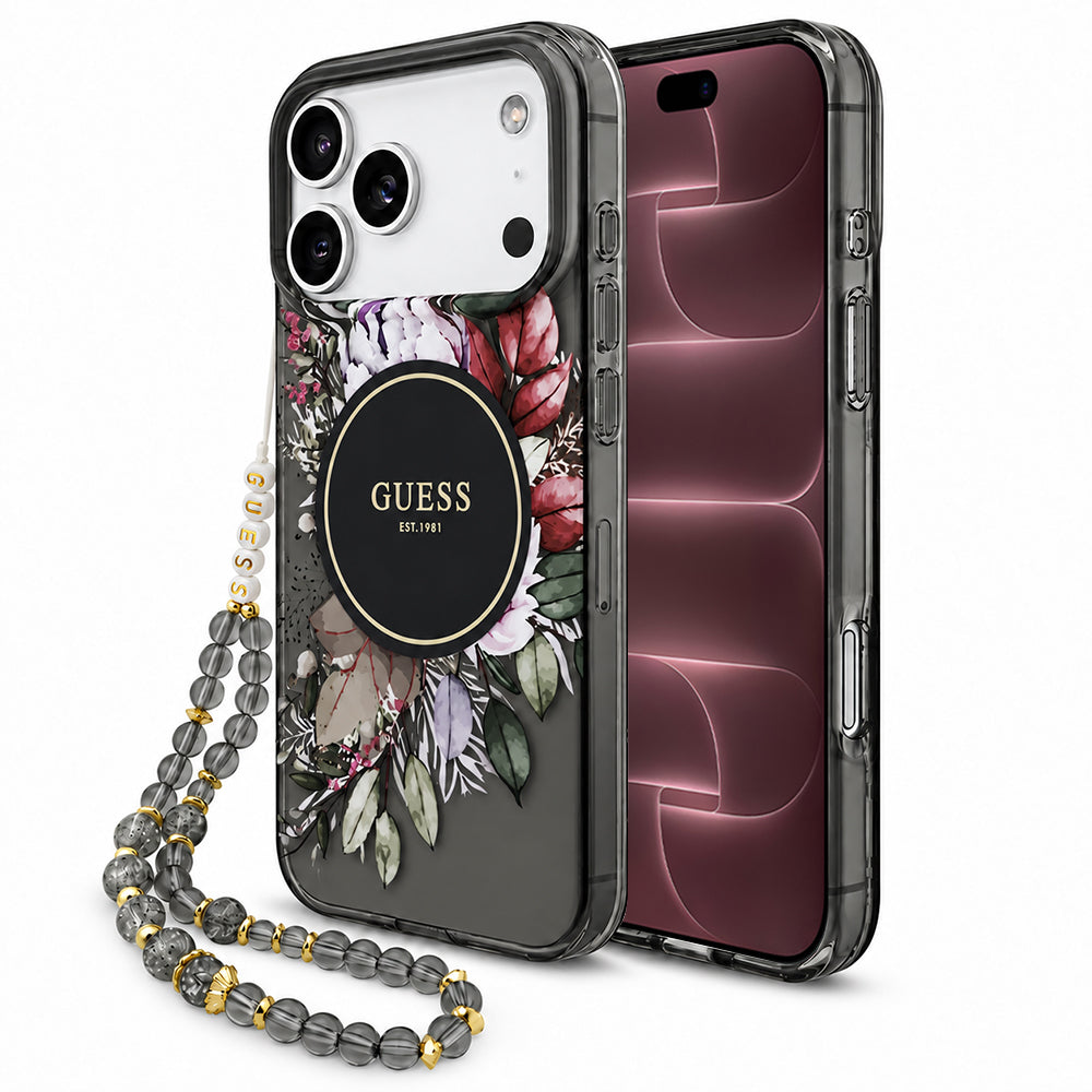 Pouzdro MagSafe pro Apple iPhone 18 Pro Max / 17 Pro Max, Guess, IML Flowers with Pearl Strap, černé
