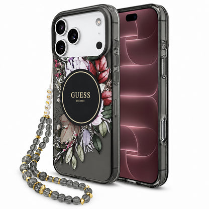 Pouzdro MagSafe pro Apple iPhone 18 Pro Max / 17 Pro Max, Guess, IML Flowers with Pearl Strap, černé