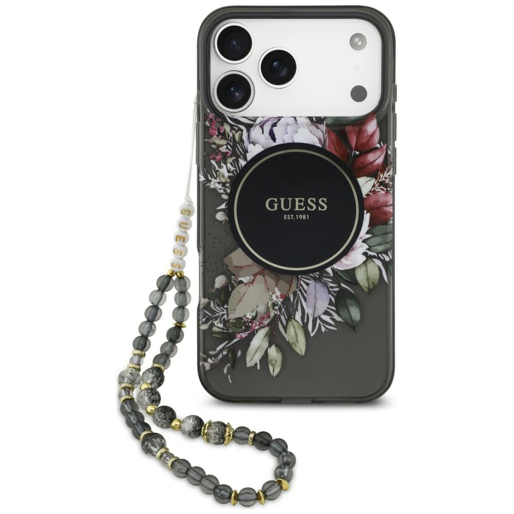 Pouzdro MagSafe pro Apple iPhone 18 Pro Max / 17 Pro Max, Guess, IML Flowers with Pearl Strap, černé