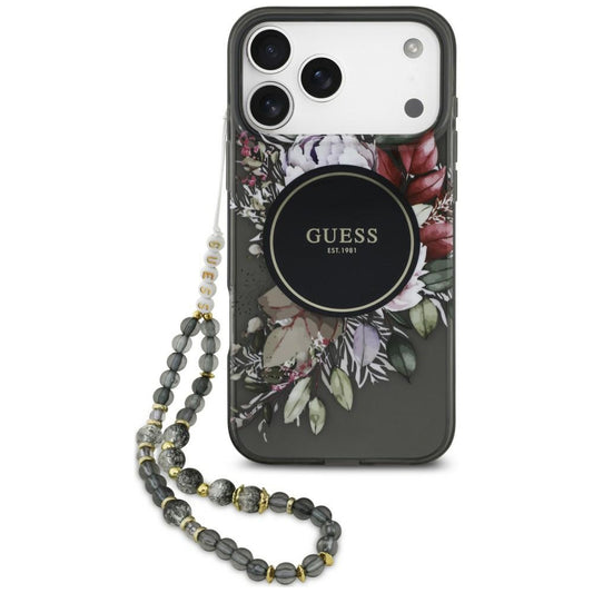 Pouzdro MagSafe pro Apple iPhone 18 Pro Max / 17 Pro Max, Guess, IML Flowers with Pearl Strap, černé