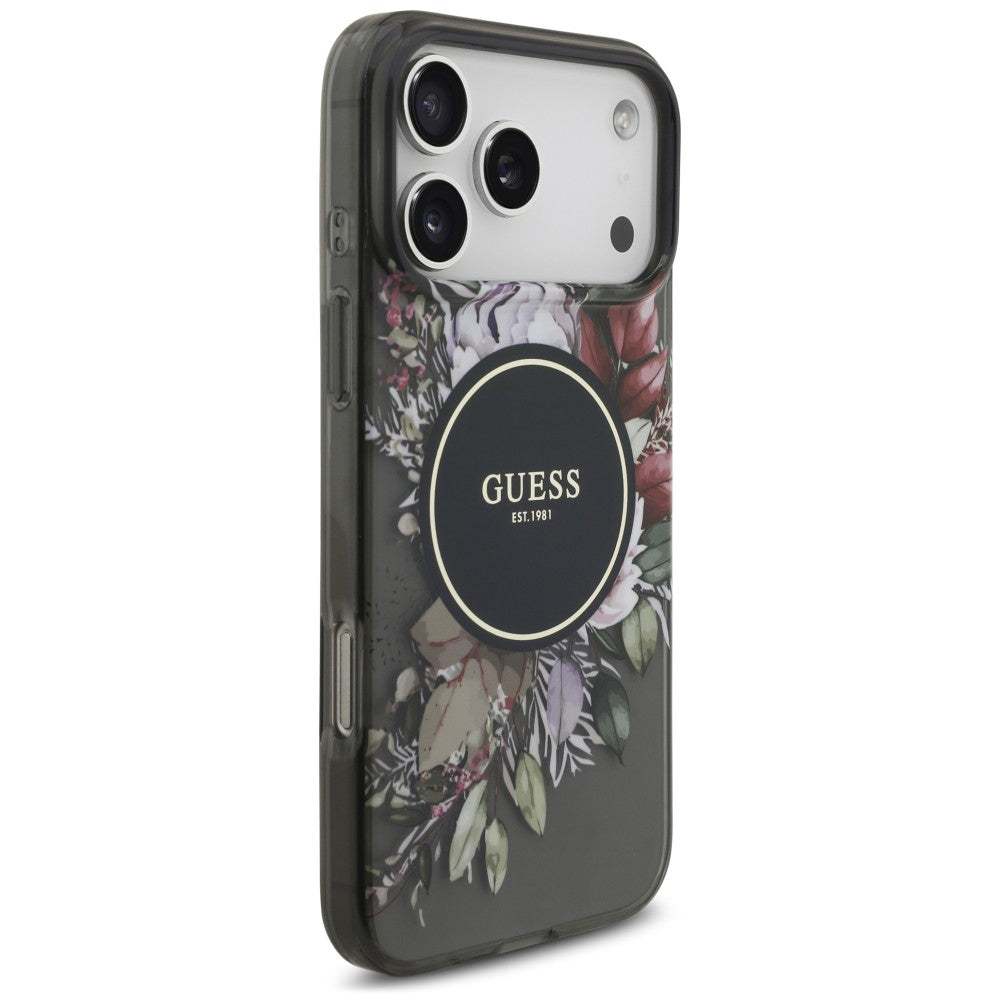 Pouzdro MagSafe pro Apple iPhone 18 Pro Max / 17 Pro Max, Guess, IML Flowers with Pearl Strap, černé