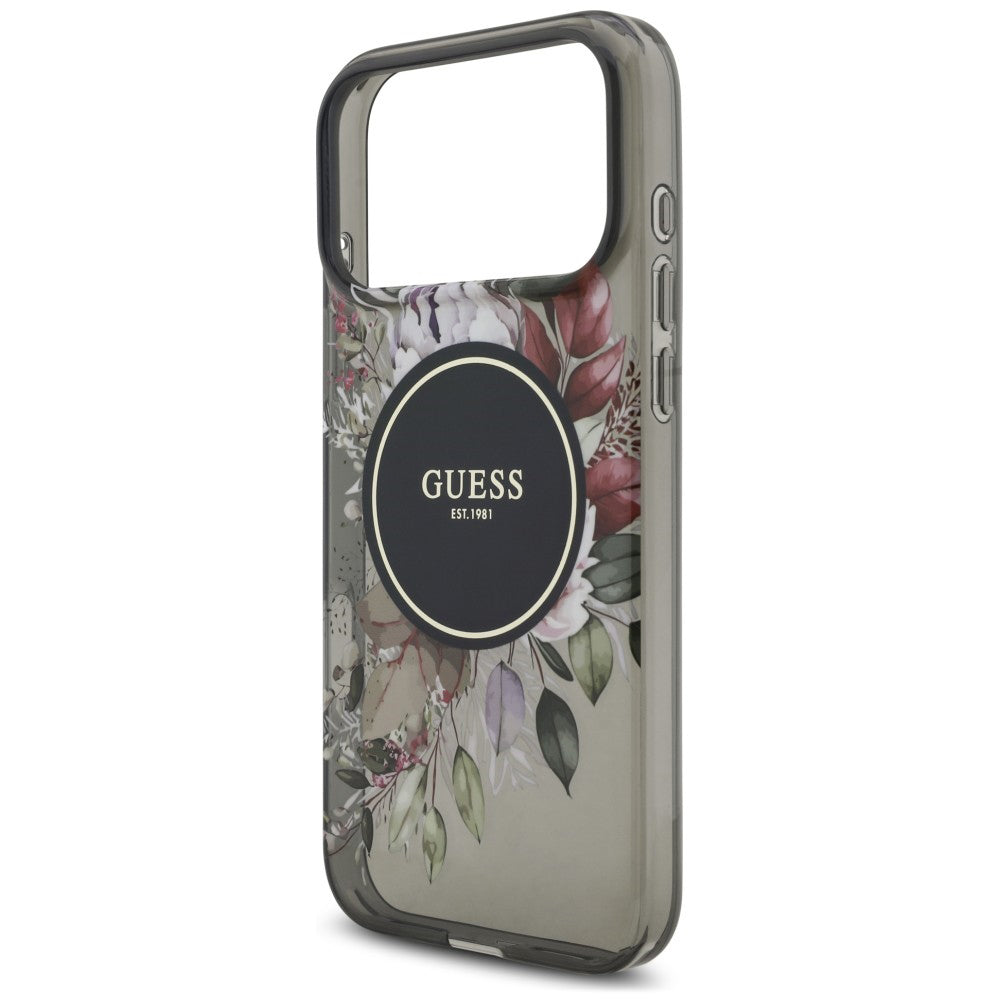 Pouzdro MagSafe pro Apple iPhone 18 Pro Max / 17 Pro Max, Guess, IML Flowers with Pearl Strap, černé