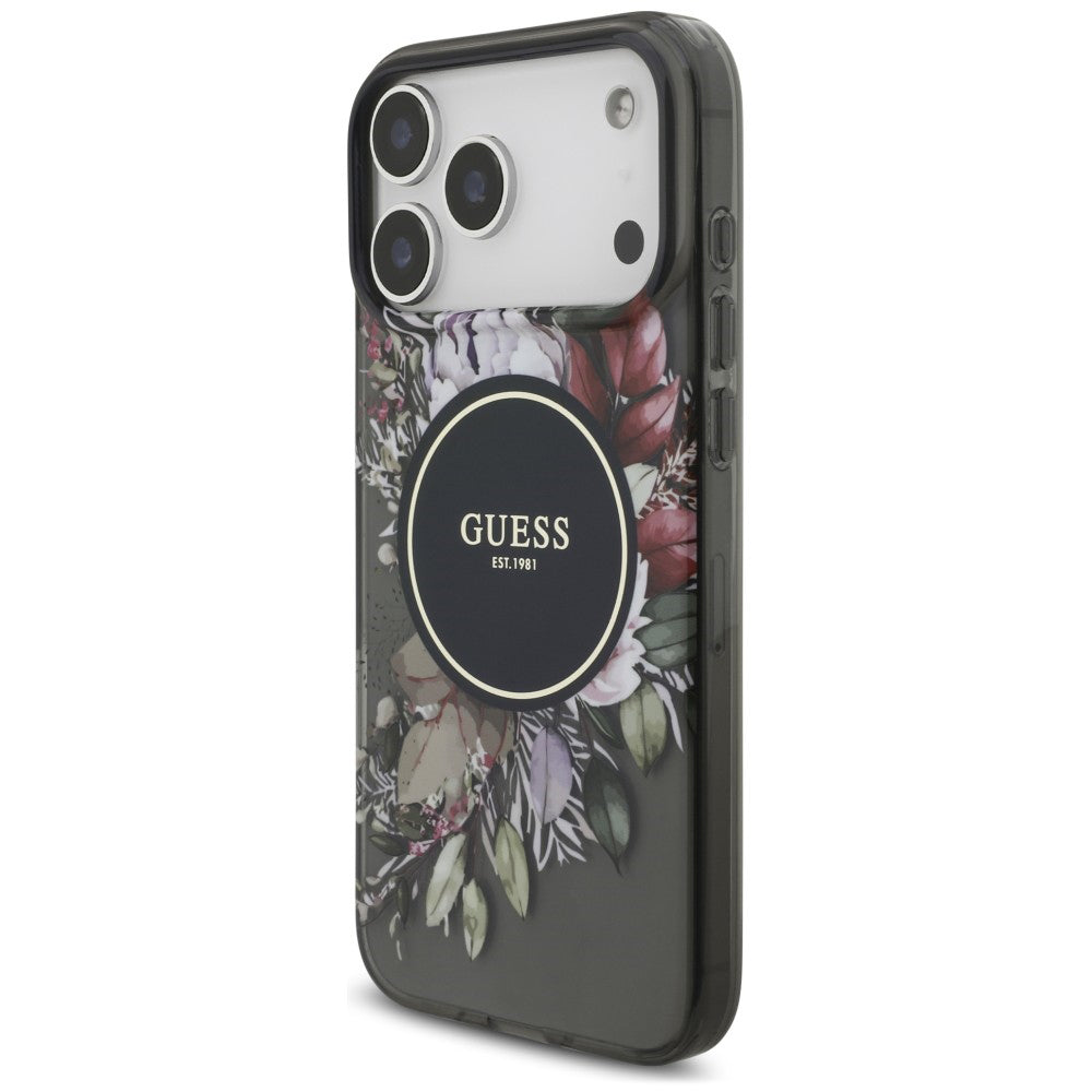 Pouzdro MagSafe pro Apple iPhone 18 Pro Max / 17 Pro Max, Guess, IML Flowers with Pearl Strap, černé