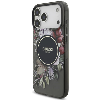 Pouzdro MagSafe pro Apple iPhone 18 Pro Max / 17 Pro Max, Guess, IML Flowers with Pearl Strap, černé