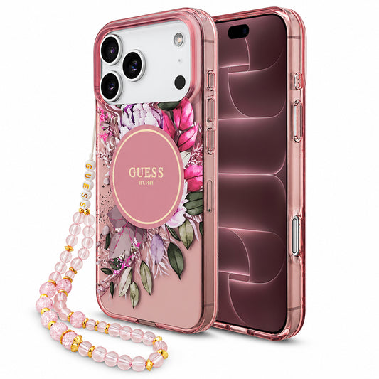 Pouzdro MagSafe pro Apple iPhone 18 Pro Max / 17 Pro Max, Guess, IML Flowers with Pearl Strap, růžové