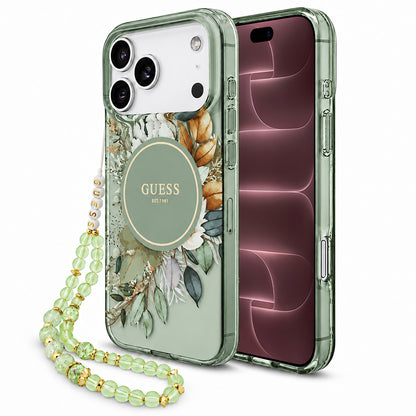 MagSafe Case for Apple iPhone 18 Pro Max / 17 Pro Max, Guess, IML Flowers with Pearl Strap, Green