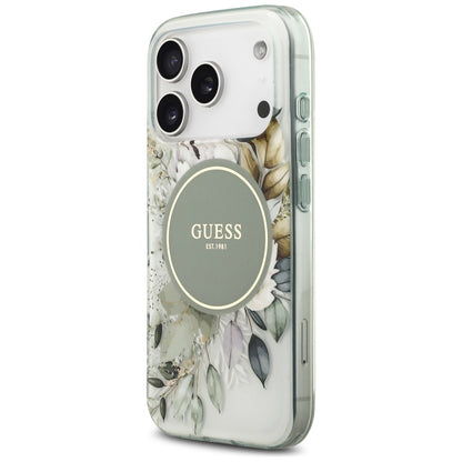 MagSafe Case for Apple iPhone 18 Pro Max / 17 Pro Max, Guess, IML Flowers with Pearl Strap, Green