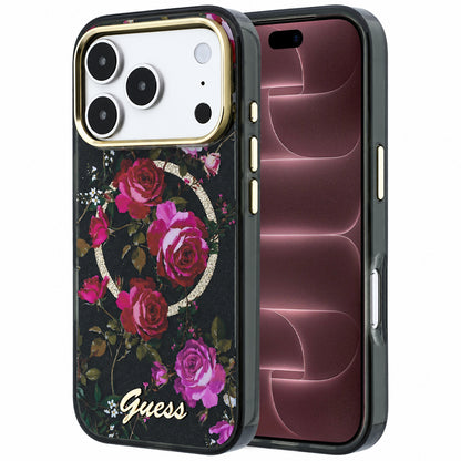 Pouzdro MagSafe pro Apple iPhone 18 Pro Max / 17 Pro Max, Guess, IML Glitter Blossom Roses, černé