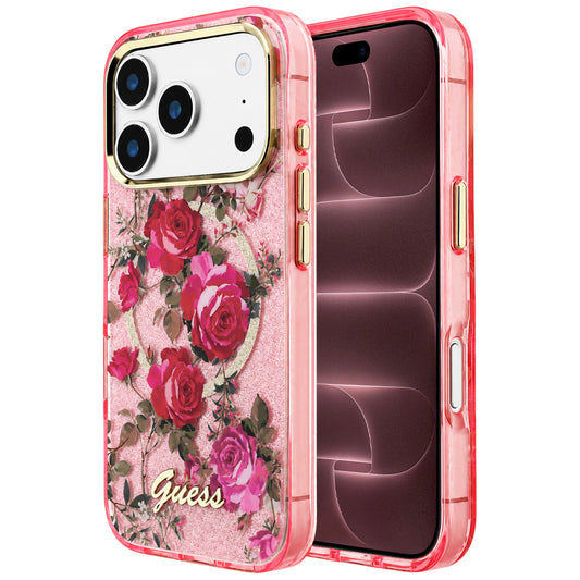 Pouzdro MagSafe pro Apple iPhone 18 Pro Max / 17 Pro Max, Guess, IML Glitter Blossom Roses, růžové