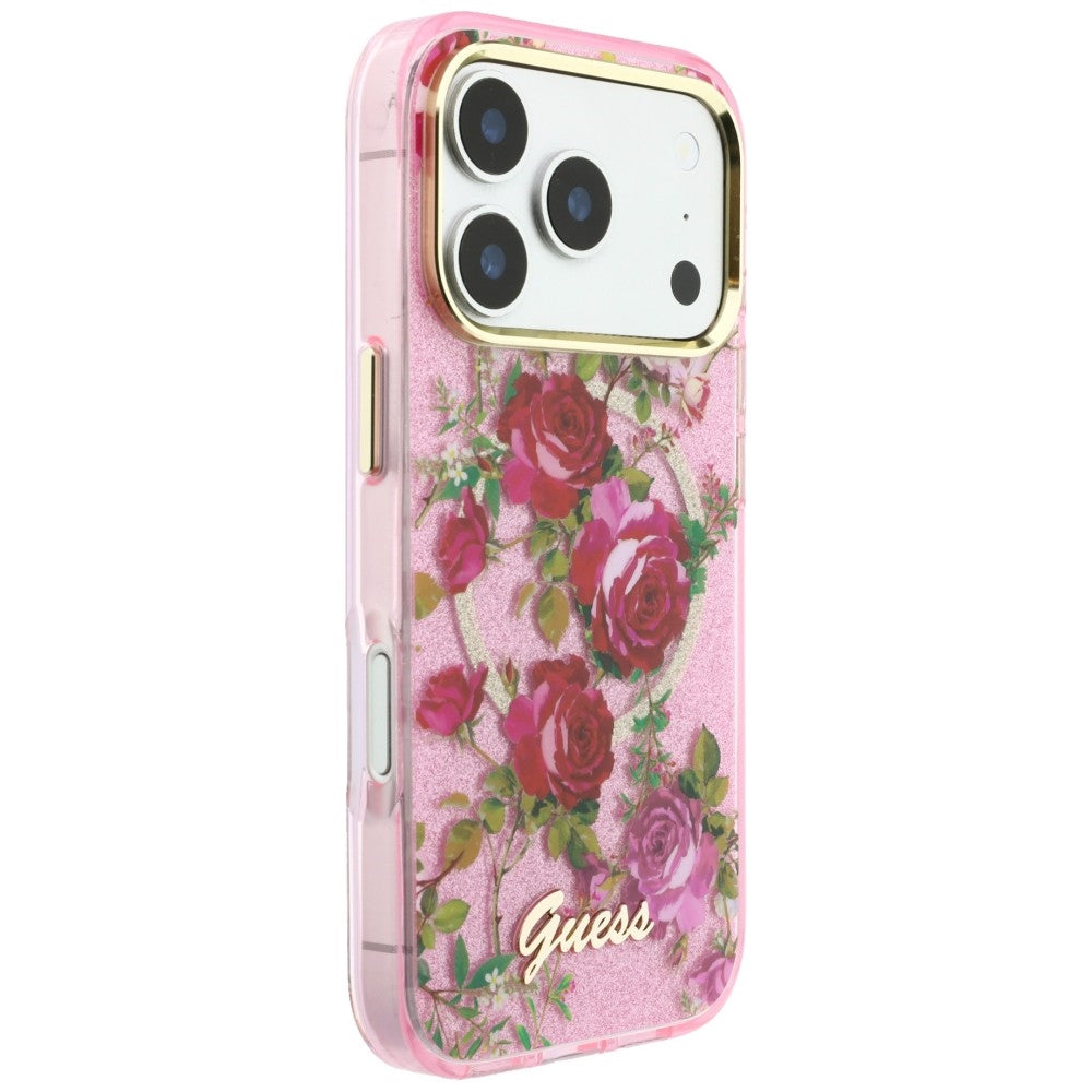 MagSafe Case for Apple iPhone 18 Pro Max / 17 Pro Max, Guess, IML Glitter Blossom Roses, Pink