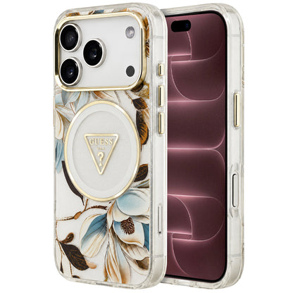 MagSafe Case for Apple iPhone 18 Pro Max / 17 Pro Max, Guess, IML Metal Glitter Flowers Triangle, White