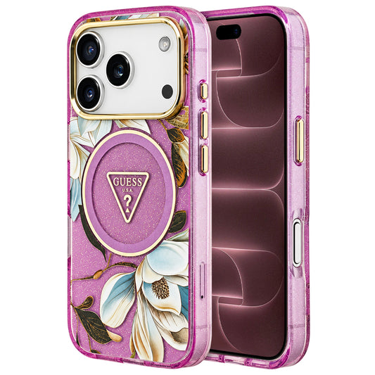 Pouzdro MagSafe pro Apple iPhone 18 Pro Max / 17 Pro Max, Guess, IML Metal Glitter Flowers Triangle, fialové
