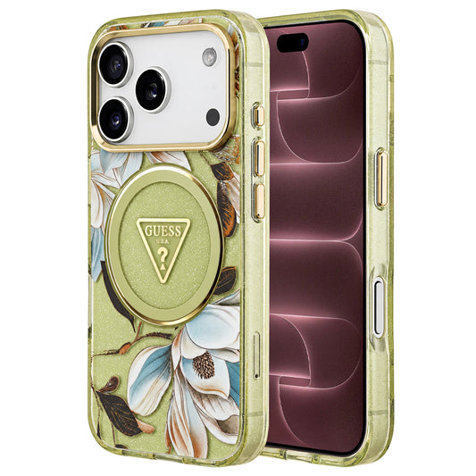 Pouzdro MagSafe pro Apple iPhone 18 Pro Max / 17 Pro Max, Guess, IML Metal Glitter Flowers Triangle, zelené