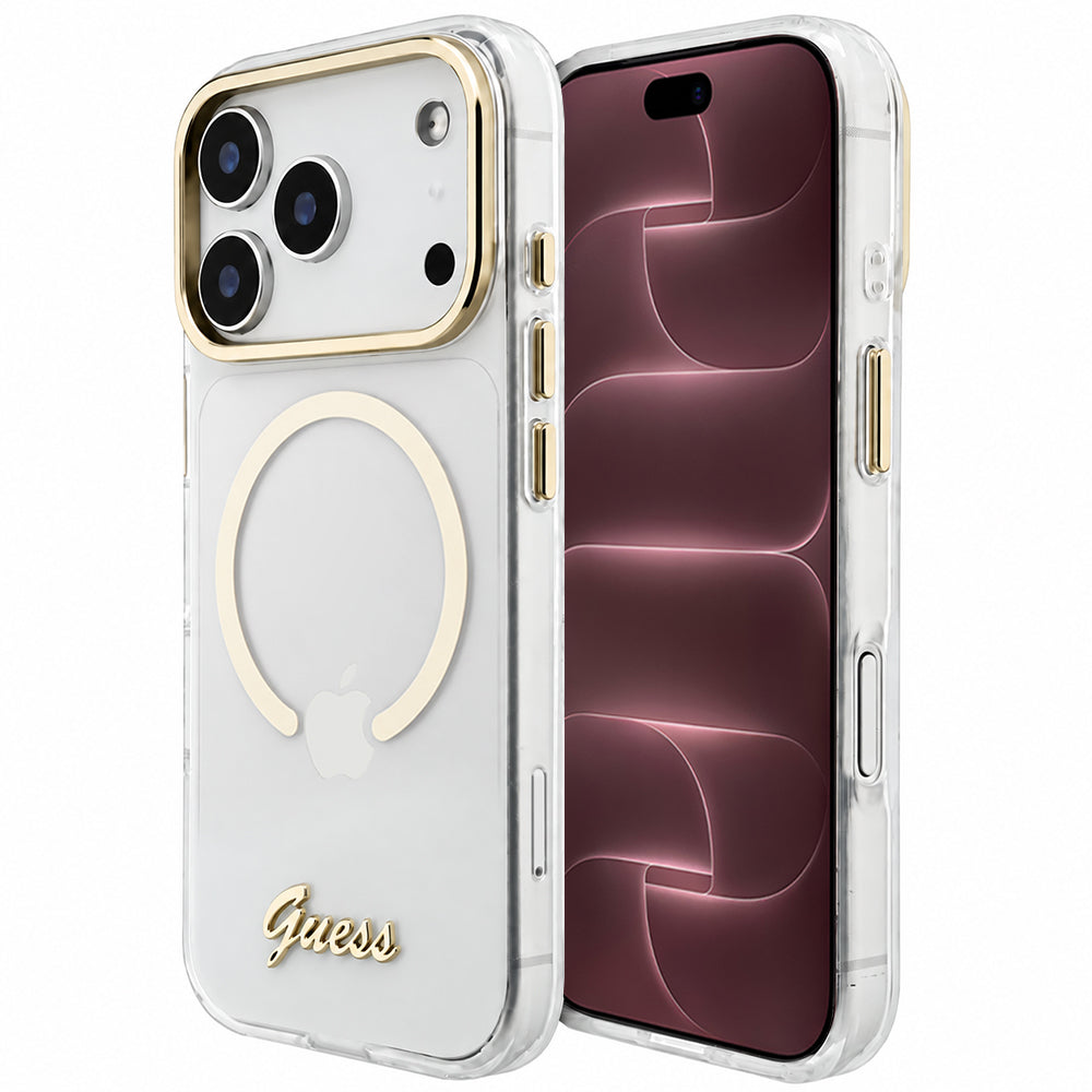 Pouzdro MagSafe pro Apple iPhone 18 Pro Max / 17 Pro Max, Guess, IML Script Metal, průhledné