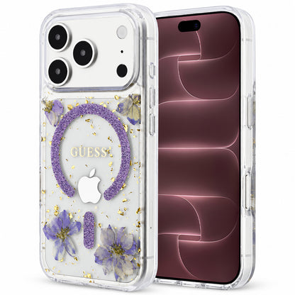 MagSafe pouzdro pro Apple iPhone 18 Pro Max / 17 Pro Max, Guess, pryskyřicové květiny a třpytky, fialové