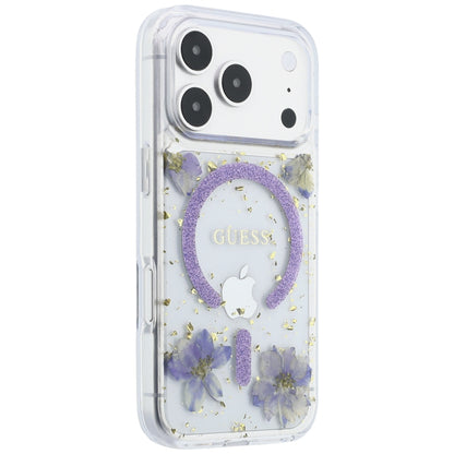 MagSafe pouzdro pro Apple iPhone 18 Pro Max / 17 Pro Max, Guess, pryskyřicové květiny a třpytky, fialové