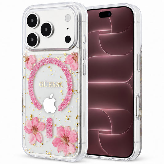 Pouzdro MagSafe pro Apple iPhone 18 Pro Max / 17 Pro Max, Guess, Resin Flowers and Glitter, růžové