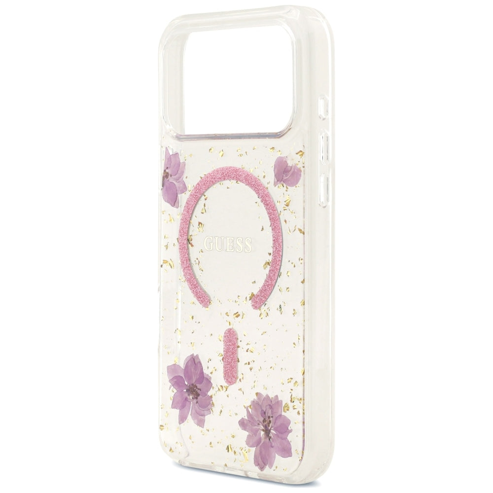 MagSafe Case for Apple iPhone 18 Pro Max / 17 Pro Max, Guess, Resin Flowers and Glitter, Pink
