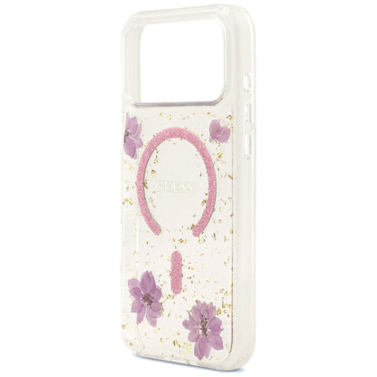 MagSafe Case for Apple iPhone 18 Pro Max / 17 Pro Max, Guess, Resin Flowers and Glitter, Pink