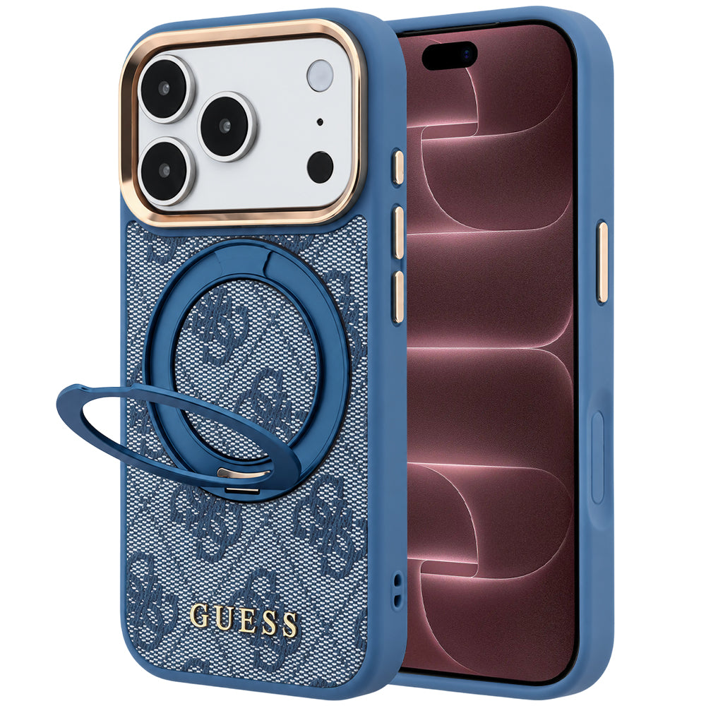 MagSafe pouzdro pro Apple iPhone 18 Pro Max / 17 Pro Max, Guess, Ring Stand 360 4G Classic Logo, Modré