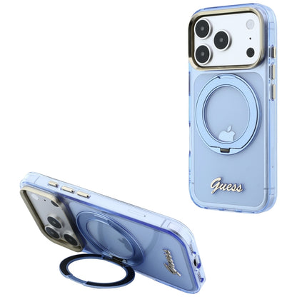 MagSafe pouzdro pro Apple iPhone 18 Pro Max / 17 Pro Max, Guess, Ring Stand Script Metal Logo, Bleu