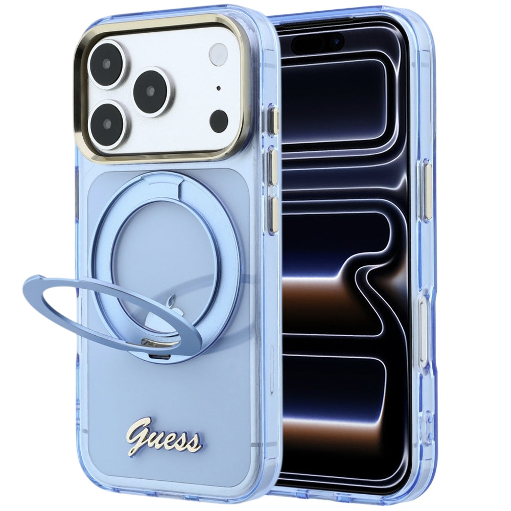 MagSafe pouzdro pro Apple iPhone 18 Pro Max / 17 Pro Max, Guess, Ring Stand Script Metal Logo, Bleu