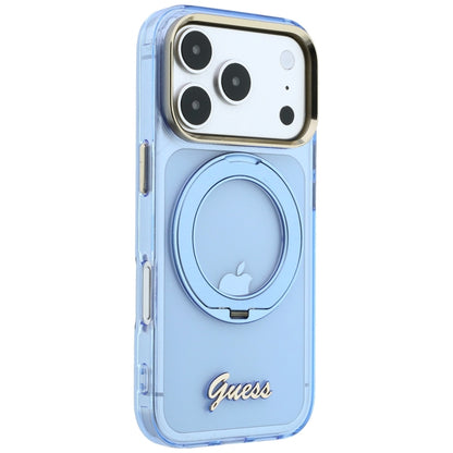 MagSafe pouzdro pro Apple iPhone 18 Pro Max / 17 Pro Max, Guess, Ring Stand Script Metal Logo, Bleu