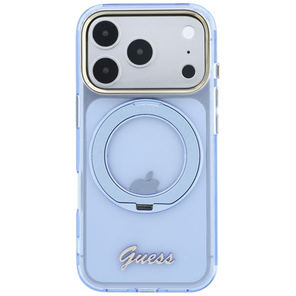 MagSafe pouzdro pro Apple iPhone 18 Pro Max / 17 Pro Max, Guess, Ring Stand Script Metal Logo, Bleu