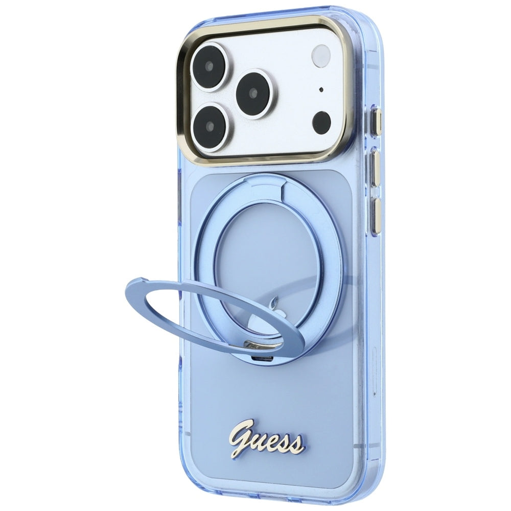 MagSafe pouzdro pro Apple iPhone 18 Pro Max / 17 Pro Max, Guess, Ring Stand Script Metal Logo, Bleu
