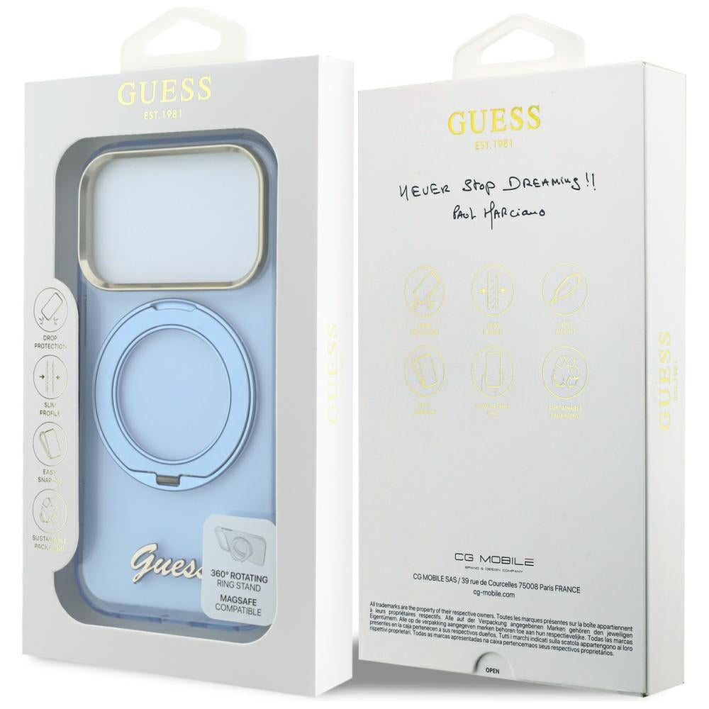 MagSafe pouzdro pro Apple iPhone 18 Pro Max / 17 Pro Max, Guess, Ring Stand Script Metal Logo, Bleu
