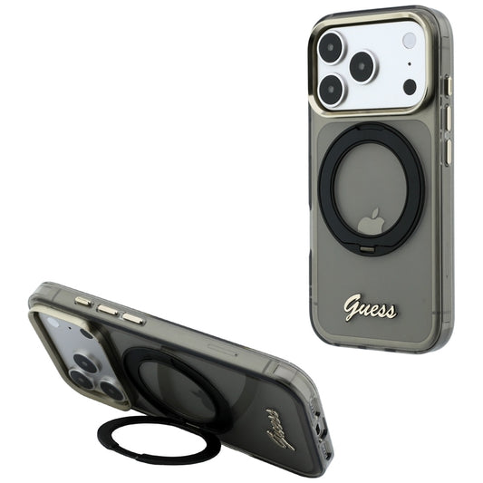 MagSafe pouzdro pro Apple iPhone 18 Pro Max / 17 Pro Max, Guess, Ring Stand Script Metal Logo, černé