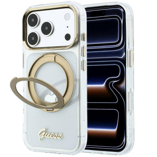 MagSafe pouzdro pro Apple iPhone 18 Pro Max / 17 Pro Max, Guess, Ring Stand Script Metal Logo, Transparentní